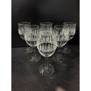 6 Libbey Frosty Pines Wine Goblet Glasses 10oz Etched White Trees Winter Holiday